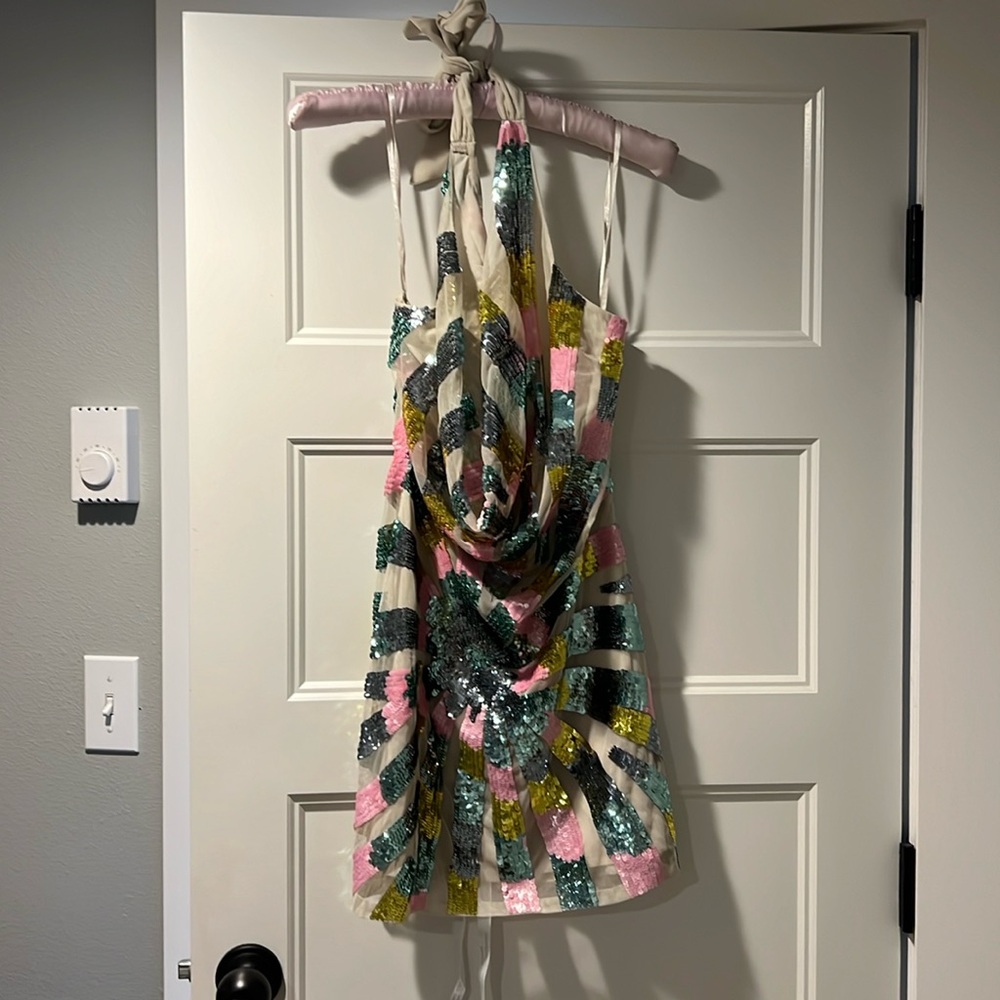 Sequin Halter Cowl Neck Mini Dress